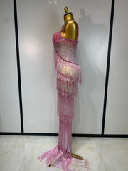 Rhinestone Tassel Mesh Strap Maxi Dress