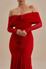 Off-Shoulder Rose Ruched Bodycon Maxi Dress