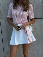 Hollow knit turn-down collar short sleeve top in pink