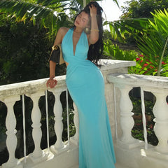 Blue Halter Neck Cutout Maxi Dress