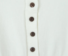 Close-up of a white cardigan with brown buttons on a light gray background