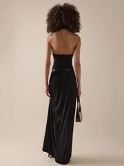 Black backless halter belt slit ankle dress.