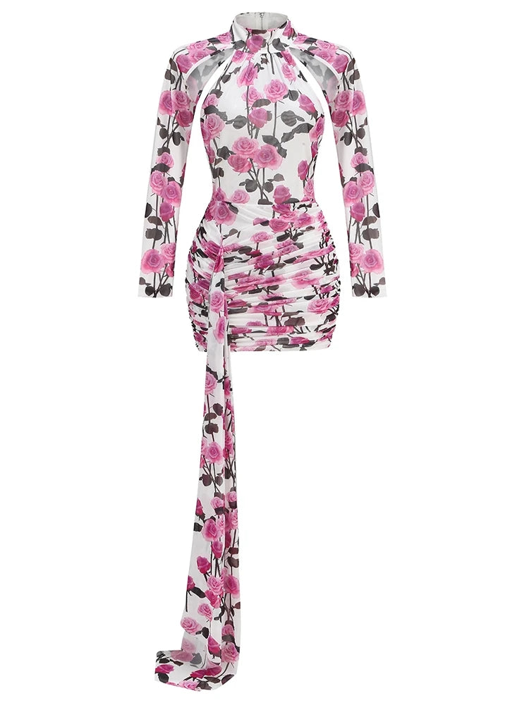 Floral dress with long sleeves on a white background.