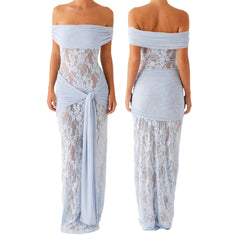 Light blue lace dress shown from front and back on a white background