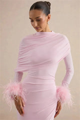 Draped Feather Cuff Maxi Dress
