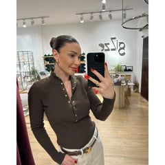 High-Neck Button-Up Ribbed Knit Top