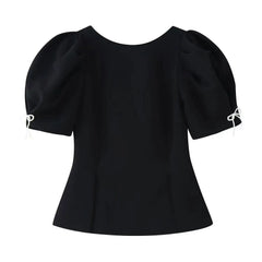 Puff Sleeve Peplum Blouse Boat Neck Bow Detail Short Sleeve