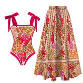 Tie-shoulder one-piece swimsuit and floral print maxi skirt set