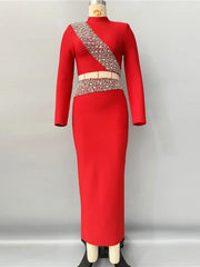 Red dress with embellished top on a mannequin against a gray background
