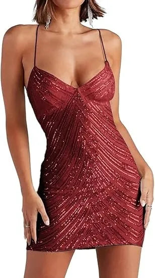 Red sequin dress worn by a model on a white background