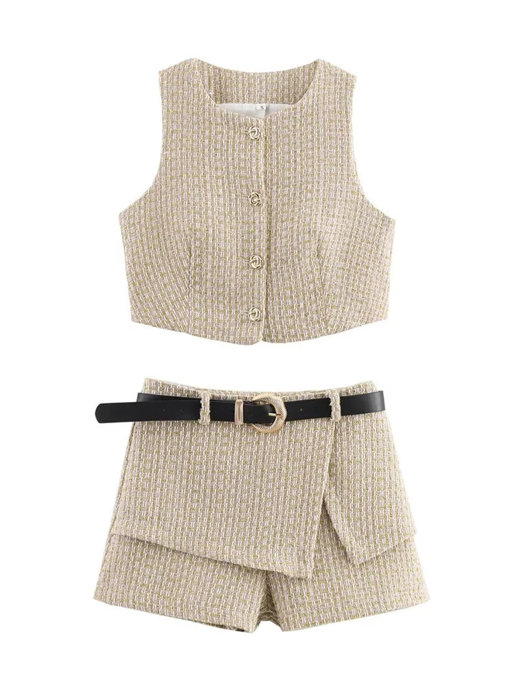 Beige checkered vest and shorts set with a belt