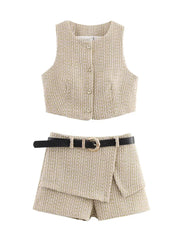 Beige checkered vest and shorts set with a belt
