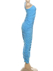 Blue ruched dress on a mannequin against a white background