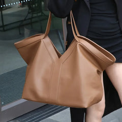 Large Genuine Leather V-Seam Tote Bag – Minimal Luxe Edition