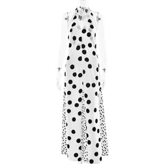 White dress with black polka dot pattern on a white background