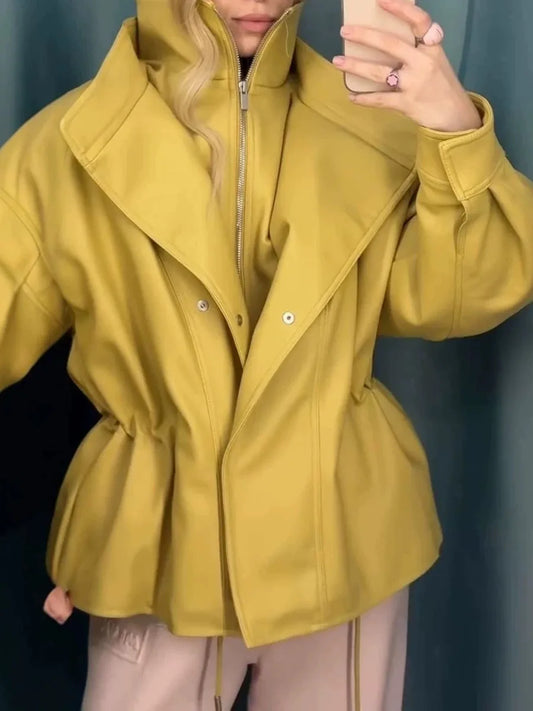 Yellow stand collar drawstring jacket