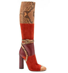 Patchwork Snake Print Knee High Boots