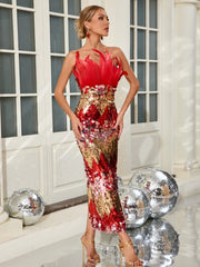 Red & Gold Feather Sequin Patchwork Strapless Gown