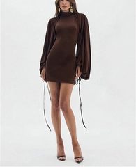 Puff Sleeve Turtleneck Open Back Mini Dress