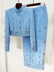 Sky blue embellished stand collar cropped jacket and maxi skirt set on hanger