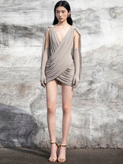 Draped Cape Sleeve Ruched Mini Dress with Deep V-Neck