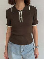 Ribbed Knit Polo Collar Short Sleeve Contrast Trim Cropped Top