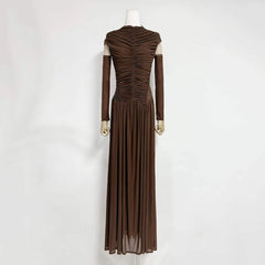 Ruched O-neck Detachable Long Sleeve Maxi Dress