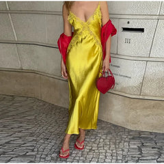 Satin Slip Lace Trim Straps V-neck Long Dress