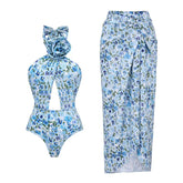 Floral print one-piece swimsuit with a cutout and matching wrap skirt