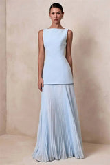 Boat Neck Sleeveless Pleated Maxi Dress