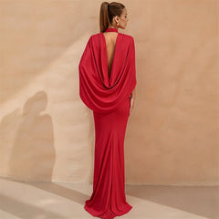 Mock Neck Cape Draped Open Back Maxi Dress