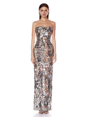 Strapless sheath sequined leaf applique ankle-length dress