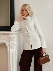 Ruched Pleated Buttoned Mandarin Collar Blazer