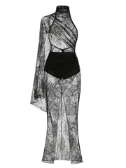 Asymmetric Lace High Neck See-Through Drape Maxi Dress