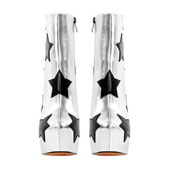 White high-heeled boots with black star patterns on a white background