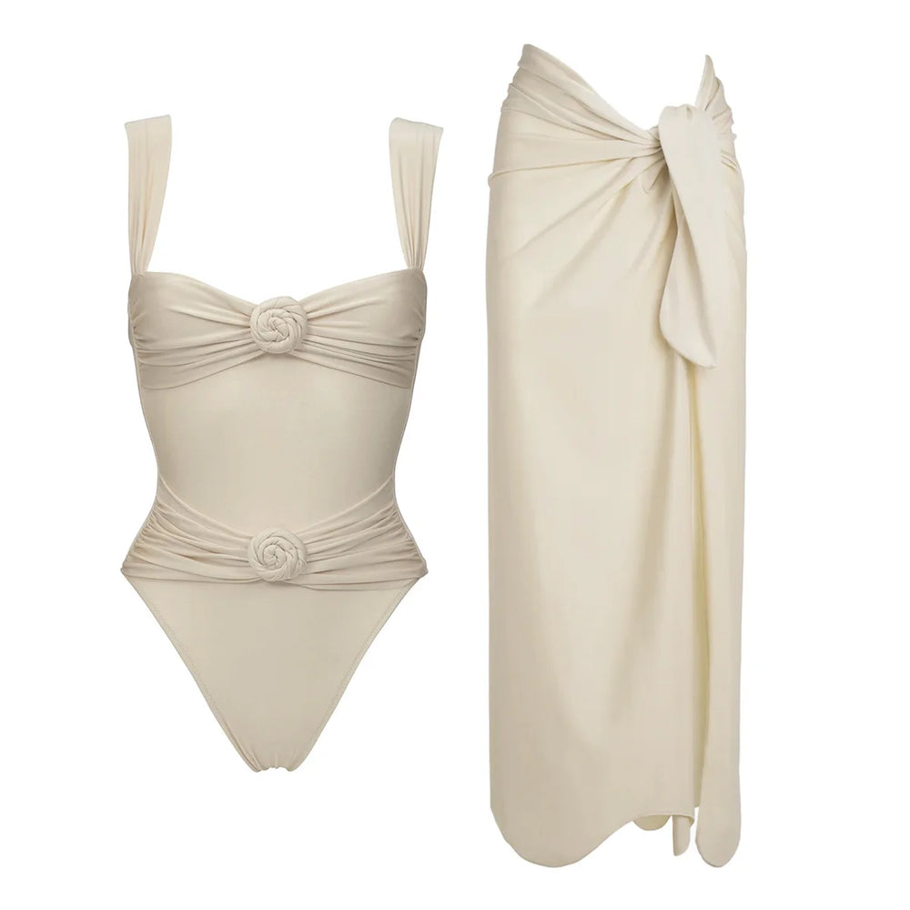 Gathered bust ruched waist one-piece swimsuit and wrap skirt set in cream