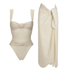 Gathered bust ruched waist one-piece swimsuit and wrap skirt set in cream