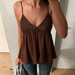 Brown lace trim V-neck babydoll camisole top