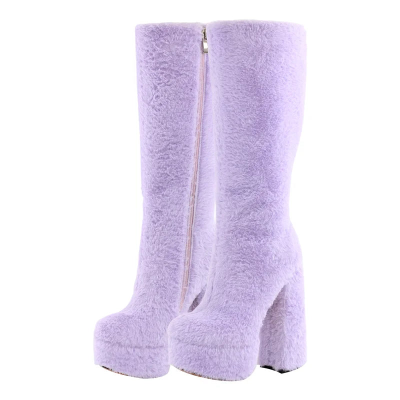 Lavender fluffy platform knee-high boots with chunky heel