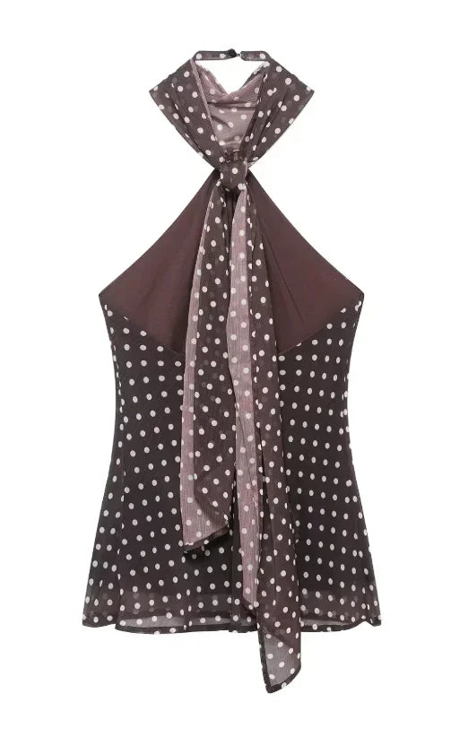 Brown halter top with polka dot scarf on a white background