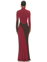 Woman wearing a two-tone red and brown evening gown