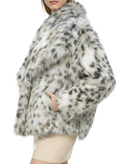 Spotted faux fur lapel jacket side view with pocket detail