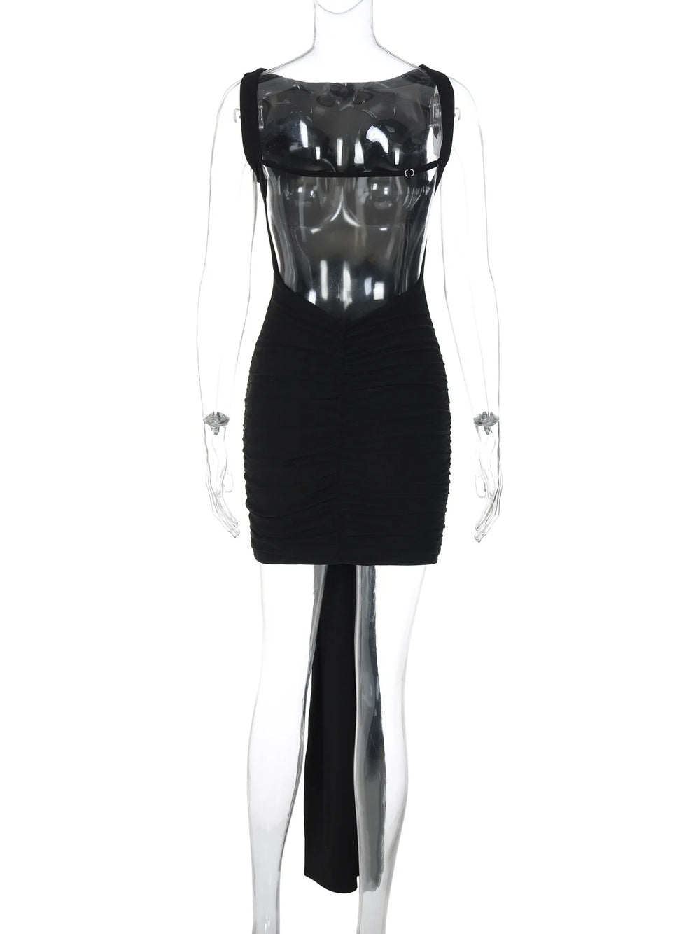 Black dress with sheer panels on a mannequin against a white background