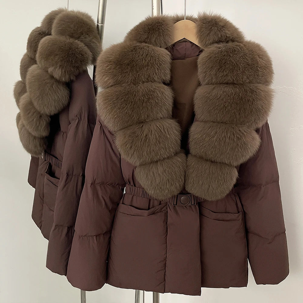 Brown puffer jacket with fur trim