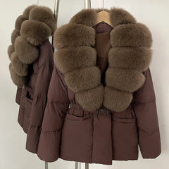 Brown puffer jacket with fur trim