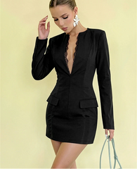 Lace Trim V-Neck Blazer Mini Dress