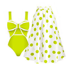 Bow Detail Polka Dot Tankini Swimsuit with Skirt