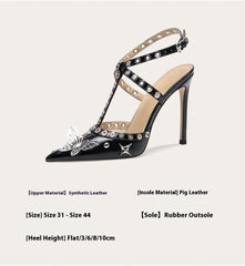 Black high-heeled shoe with studded details on a white background