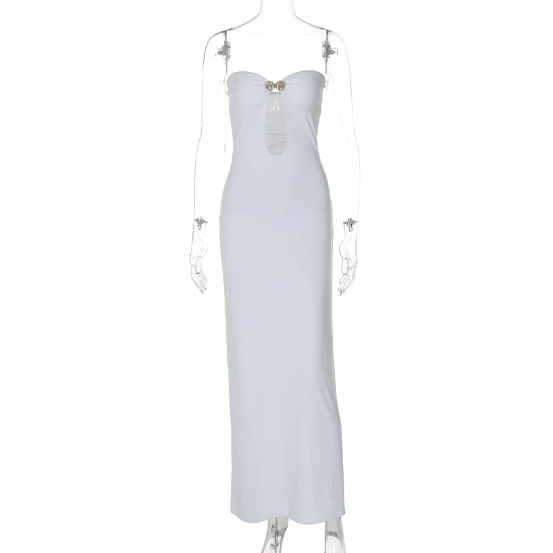 White strapless dress on a mannequin against a white background