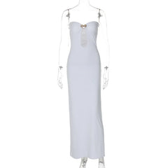 White strapless dress on a mannequin against a white background
